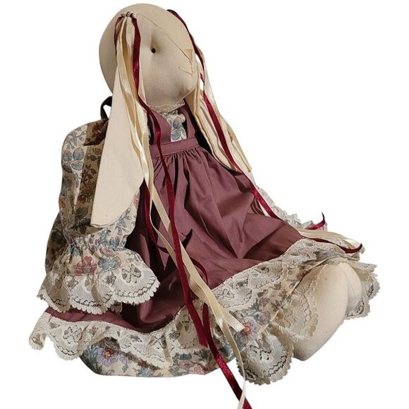 Vintage Rabbit 20" Tall Mauve Floral Dress & Pants Ribbon Accents - Picture 3 of 8